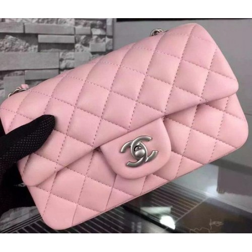 Chanel Klasszikus Mini Zsebtáska Rózsaszín Báránybőr Bőr A67350 Ezüst