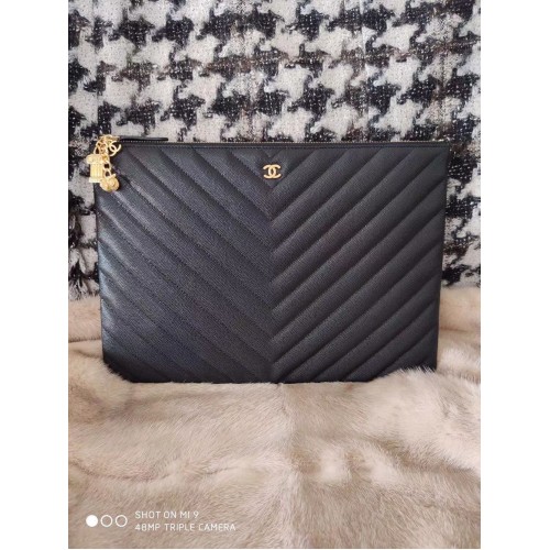 Chanel Clutch Bag Fekete Kaviár Bőr 7012 Arany