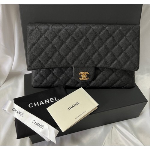 Chanel Clutch Bag Fekete Kaviár Bőr 7013 Arany