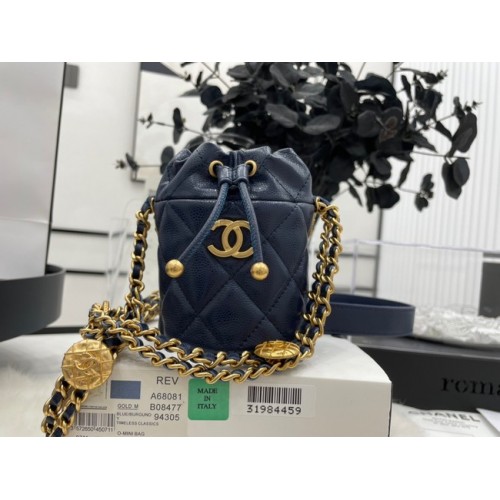 Chanel húzózsinóros táska arany fémből A68081 sötétkék