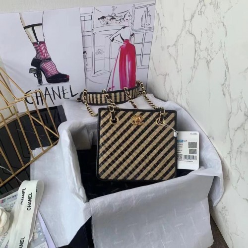 Chanel Raffia Juta Cérnával Húzózsinóros Táska Arany Tónusú Fém Fekete Bézs AS2421