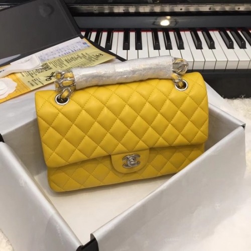 Chanel Flap Original báránybőr bőr CF1112 sárga ezüst lánc