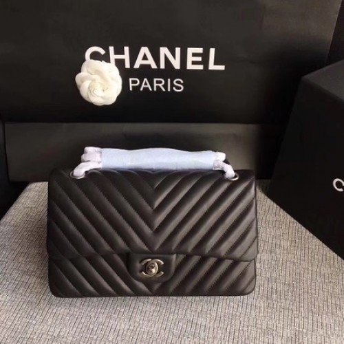 Chanel Flap Válltáska Fekete Eredeti Báránybőr Bőr CF1112V Ezüst