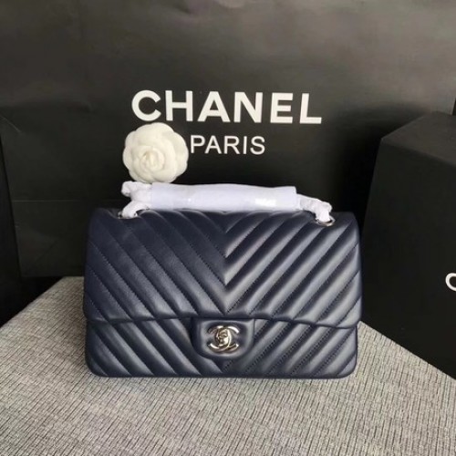 Chanel Flap Válltáska Sötétkék Eredeti Báránybőr CF1112V Ezüst