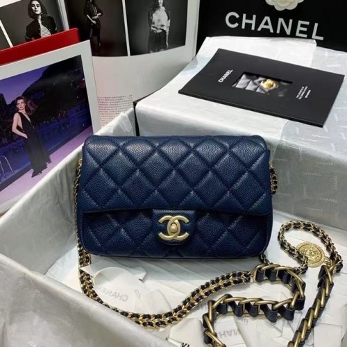 Chanel Flap válltáska eredeti bőr AS2543 sötétkék
