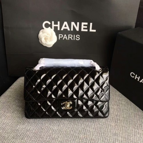Chanel Flap Válltáska Fekete Eredeti Lakkbőr CF1112 Ezüst