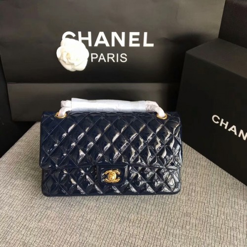 Chanel Flap Válltáska Sötétkék Eredeti Lakkbőr CF1112 Arany