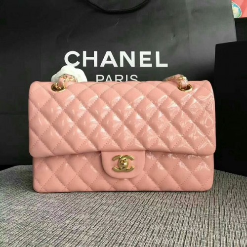 Chanel Flap Válltáska Világos Rózsaszín Eredeti Lakkbőr CF1112 Arany