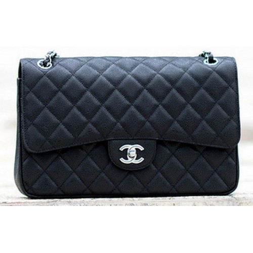 Chanel Jumbo Klasszikus Fekete Cannage Mintás Zsebtáska A58600 Ezüst