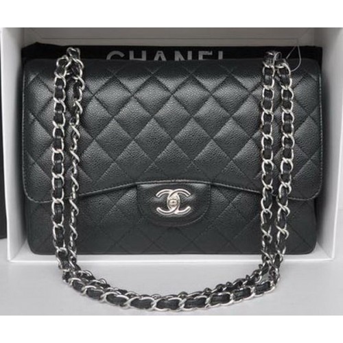 Chanel Jumbo Dupla Fülű Táska Fekete Cannage Mintás A36097 Ezüst