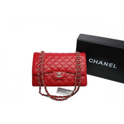 Chanel Jumbo Dupla Fedeles Táska Piros Eredeti Kaviár Bőr A36097 Ezüst