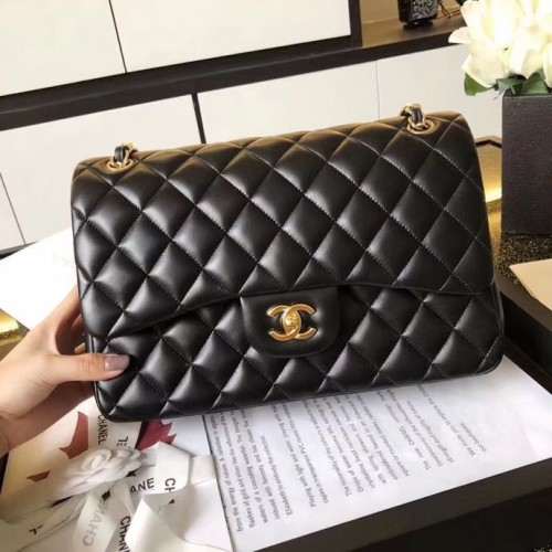 Chanel Jumbo Dupla Levelű Táska Fekete Eredeti Báránybőr Bőr A36097 Arany