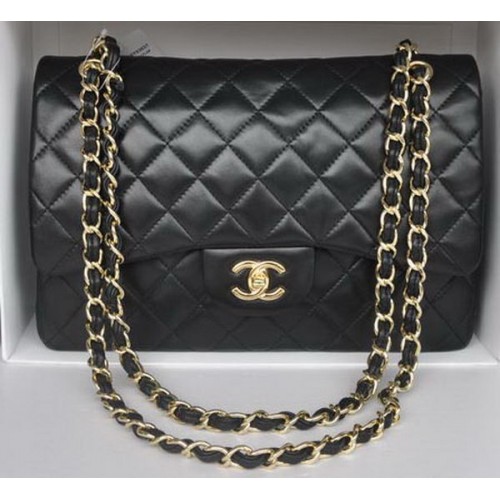 Chanel Jumbo Dupla Levelű Táska Fekete Báránybőr Bőr A36097 Arany