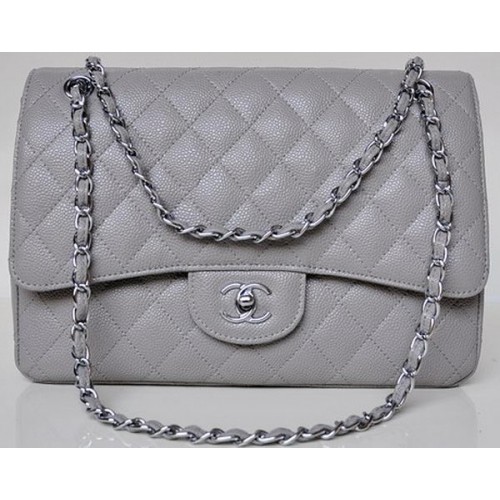 Chanel Jumbo Steppelt Klasszikus Zsebtáska Szürke Cannage Mintás A58600 Ezüst