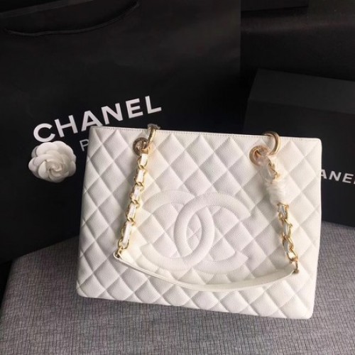 Chanel LE fiú nagy bevásárlótáska GST fehér cannage minta A50995 arany