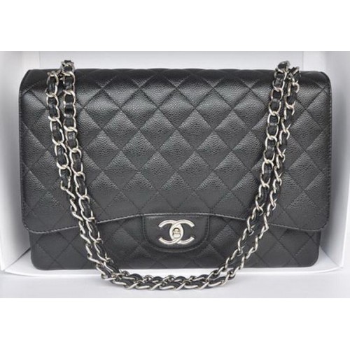 Chanel Maxi Klasszikus Táska A36098 Fekete Cannage Mintás Ezüst