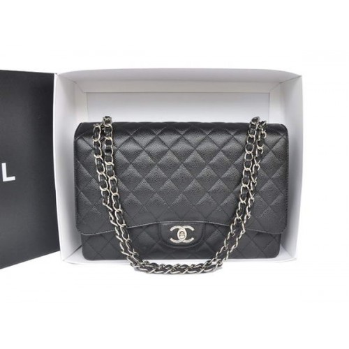 Forró Eladás Chanel Maxi Klasszikus Táska A36098 Fekete Eredeti Kaviár Bőr Ezüst