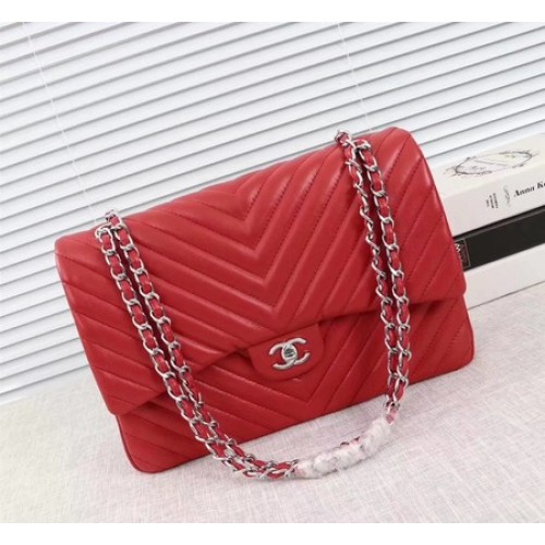 Chanel Maxi Klasszikus Zsebtáska Piros Chevron Báránybőr A58601 Ezüst