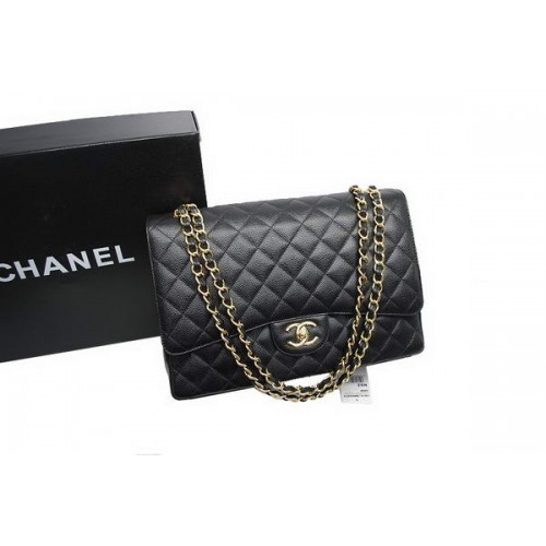 Chanel Maxi Dupla Fülű Táska A36098 Fekete Eredeti Kaviár Bőr Arany