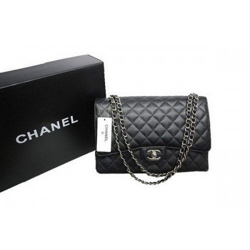 Chanel Maxi Dupla Fülű Táska A36098 Fekete Eredeti Kaviár Bőr Ezüst
