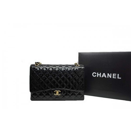 Chanel Maxi Dupla Fülű Táska A36098 Fekete Eredeti Lakkbőr Arany