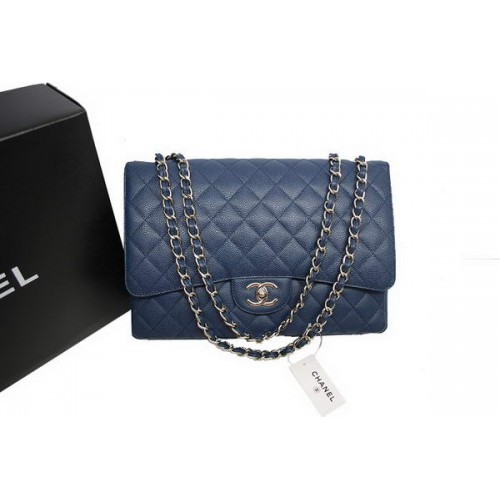 Chanel Maxi Dupla Fülű Táska A36098 Kék Eredeti Kaviár Bőr Ezüst
