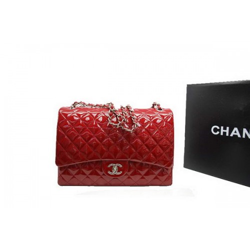 Chanel Maxi Dupla Fülű Táska A36098 Piros Eredeti Lakkbőr Ezüst