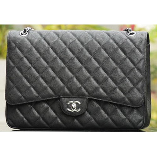Chanel Maxi Steppelt Klasszikus Zsebtáska Fekete Cannage Mintás A58601 Ezüst