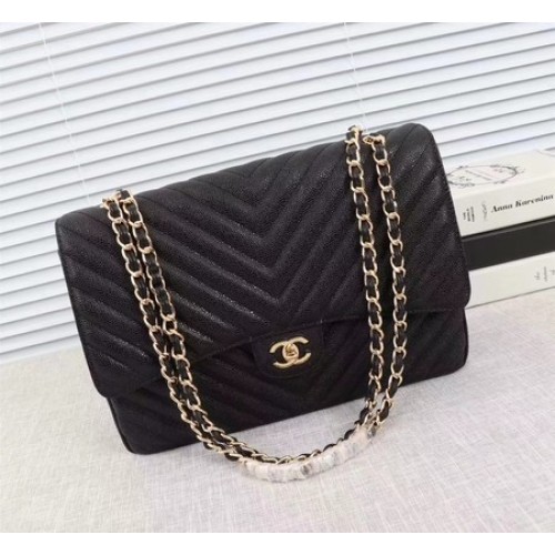 Chanel Maxi Steppelt Klasszikus Zsebtáska Fekete Chevron Cannage Mintás A58601 Arany
