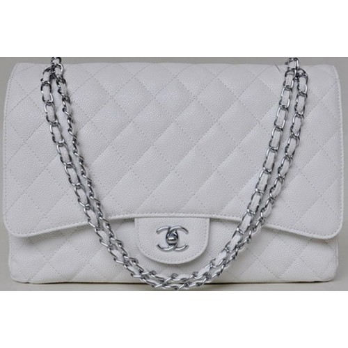 Chanel Maxi Steppelt Klasszikus Zsebtáska Fehér Cannage Mintás A58601 Ezüst