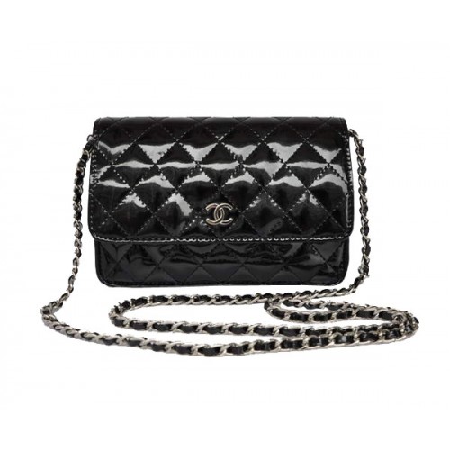 Olcsó Chanel Mini Flip Táska A33814 Fekete Lakk Ezüst
