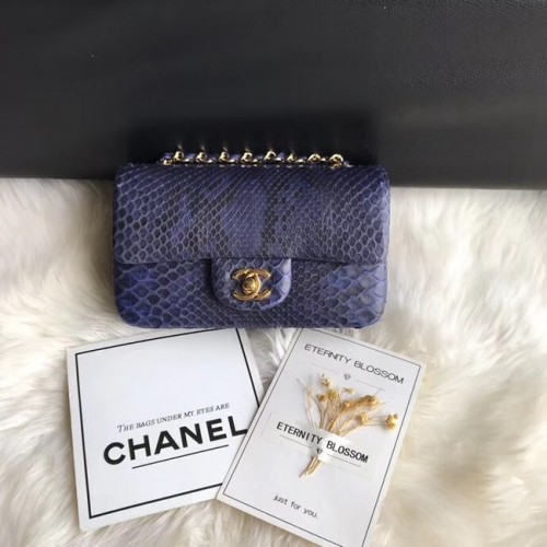 Chanel Mini Flap Bag Python Arany-Tone Metal A69900 sötétkék