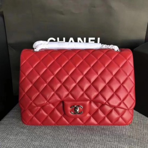 Chanel Maxi Steppelt Klasszikus Zsebtáska Piros Báránybőr A58601 Ezüst