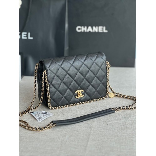 Chanel KIS Flip Bag Szemcsés Borjúbőr Arany-Tónusú Fém AS3467 Fekete