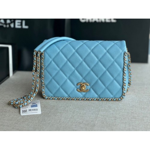 Chanel KIS Flip Bag Szemcsés Borjúbőr Arany-Tónusú Fém AS3467 Világoskék