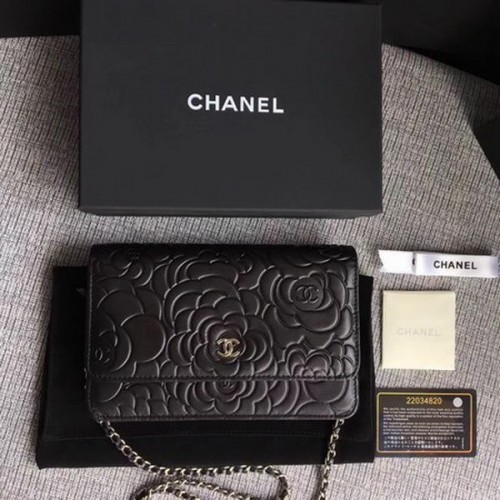 Chanel WOC Fekete Kamélia Bőr Mini Zsebzáras Táska A33814 Ezüst