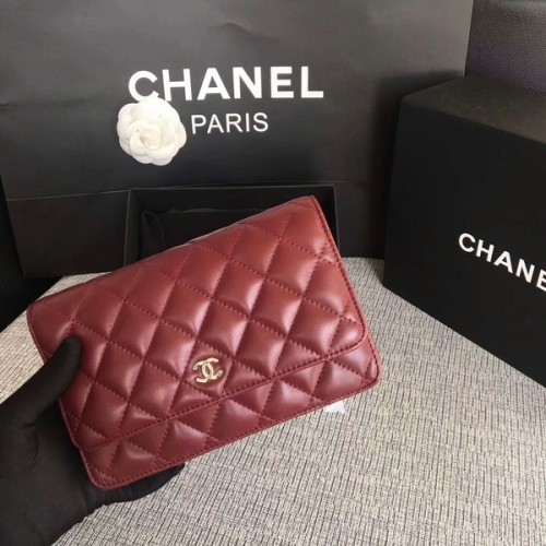 Chanel WOC Sötétpiros Eredeti Báránybőr Bőr Zsebtáska 33814 Ezüst