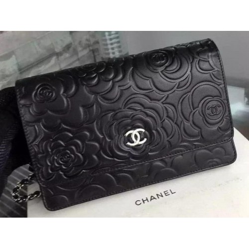 Chanel WOC Flip Táska Eredeti Fekete Kamélia Bőr A5373 Ezüst
