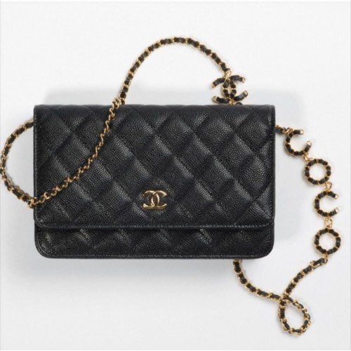 Chanel WOC eredeti kaviár bőr fedeles keresztpántos táska CC33814 feketearany lánc