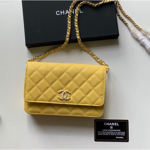 Chanel WOC Eredeti Kaviár Bőr Flap Crossbody Táska V33818 Sárga