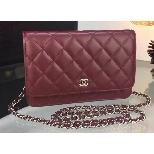 Chanel WOC mini fedeles táska bordó báránybőrből A5373 ezüst