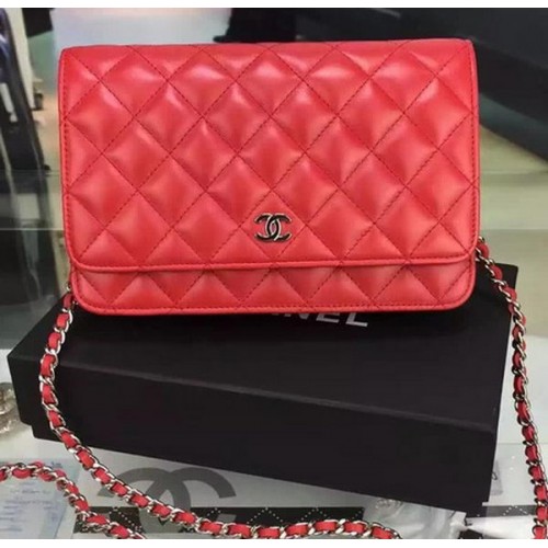 Chanel WOC mini kézitáska piros báránybőrből A5373 ezüst