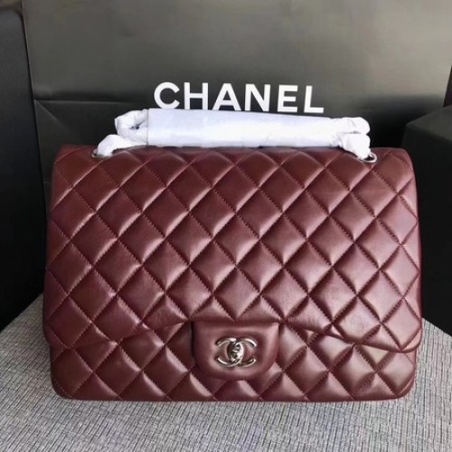 Chanel Maxi Steppelt Klasszikus Zsebtáska Borszínű Báránybőr Bőr A58601 Ezüst