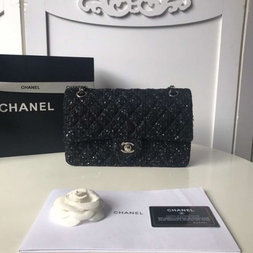 Chanel klasszikus kézitáska Tweed Braid ezüst-tónusú fémből A01112-2