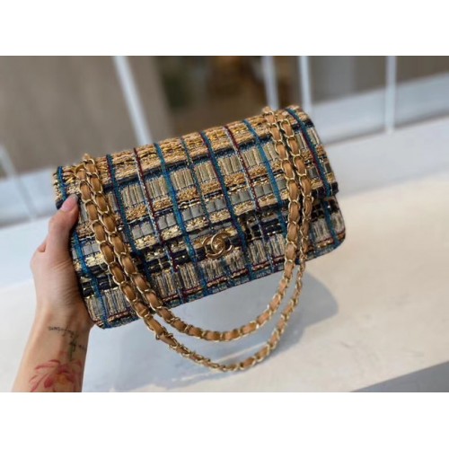 Chanel klasszikus kézitáska Tweed arany-tónusú fém A01112-1