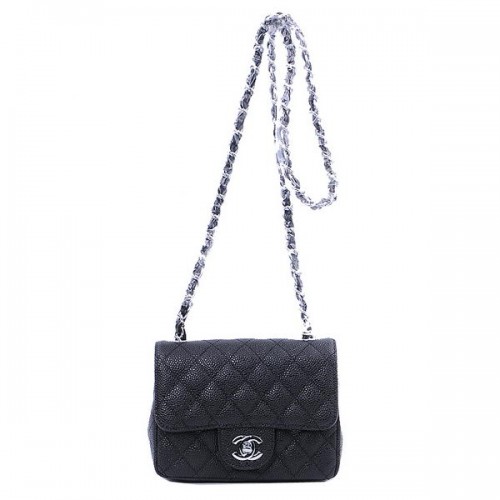 Chanel mini klasszikus fedeles táska fekete Cannage mintás 1115 ezüst