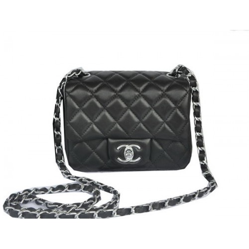 Chanel mini klasszikus fedeles táska fekete eredeti báránybőr CHA1115 ezüst