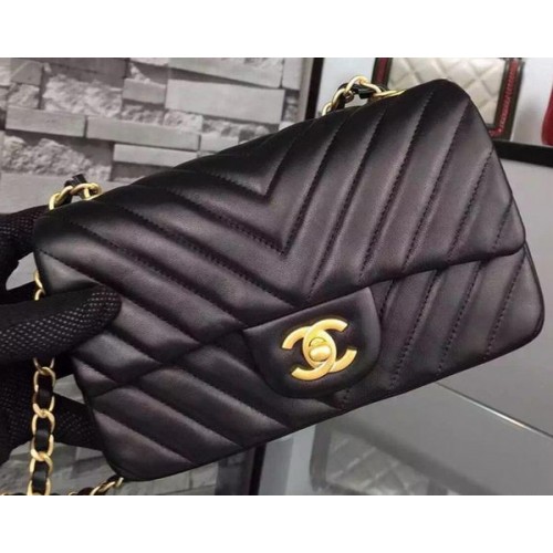 Chanel mini klasszikus fedeles táska fekete eredeti báránybőr chevron bőr CHA5500 arany