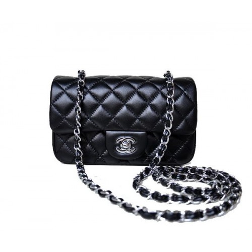 Chanel mini klasszikus fedeles táska fekete báránybőrből 1117 ezüst