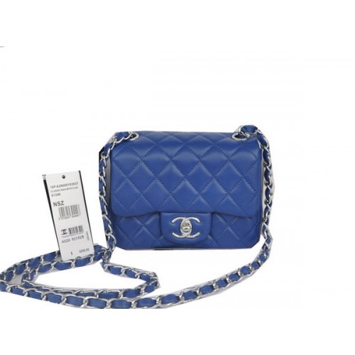 Chanel mini klasszikus fedeles táska kék eredeti báránybőr CHA1115 ezüst